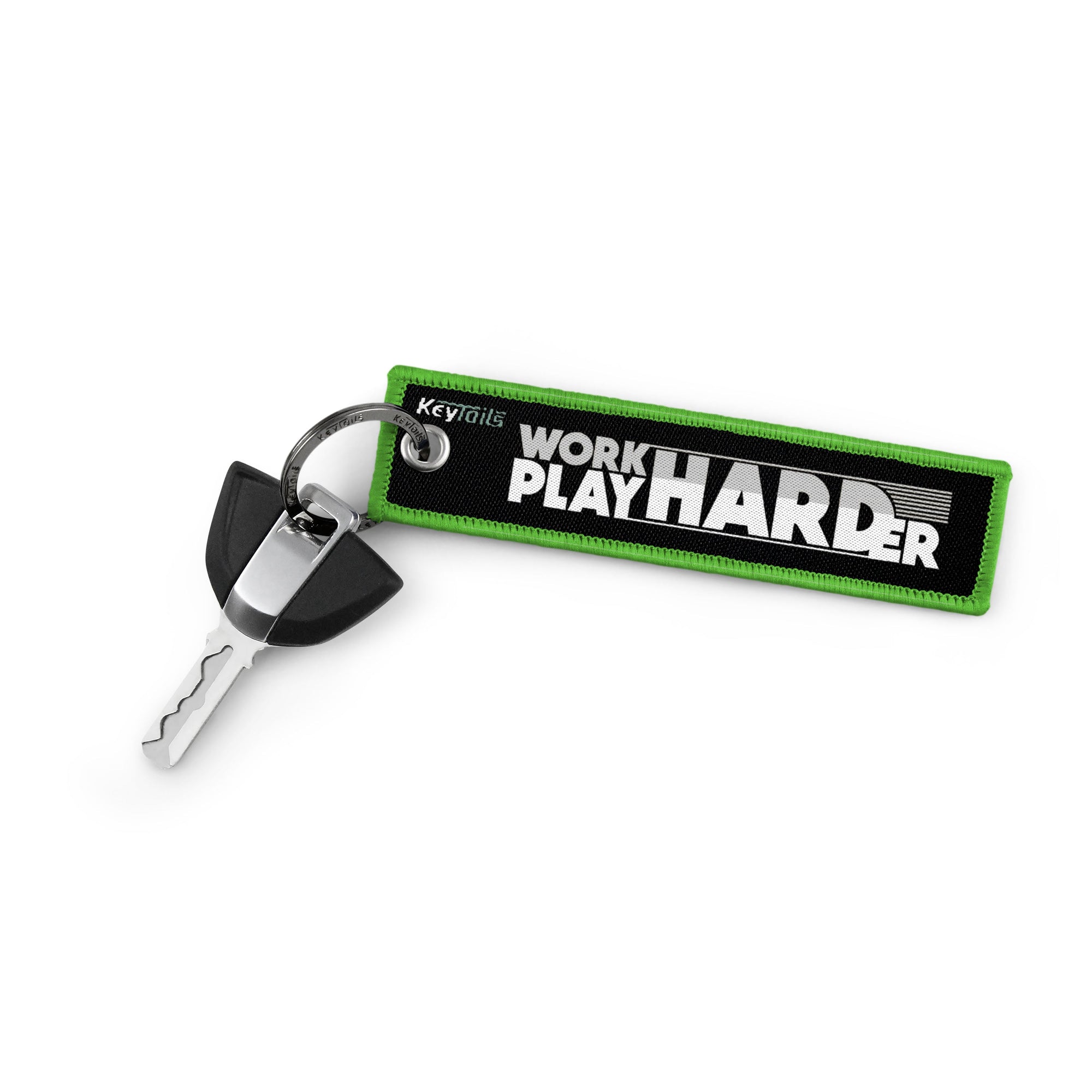 Work Hard Play Harder Keychain, Key Tag - Green