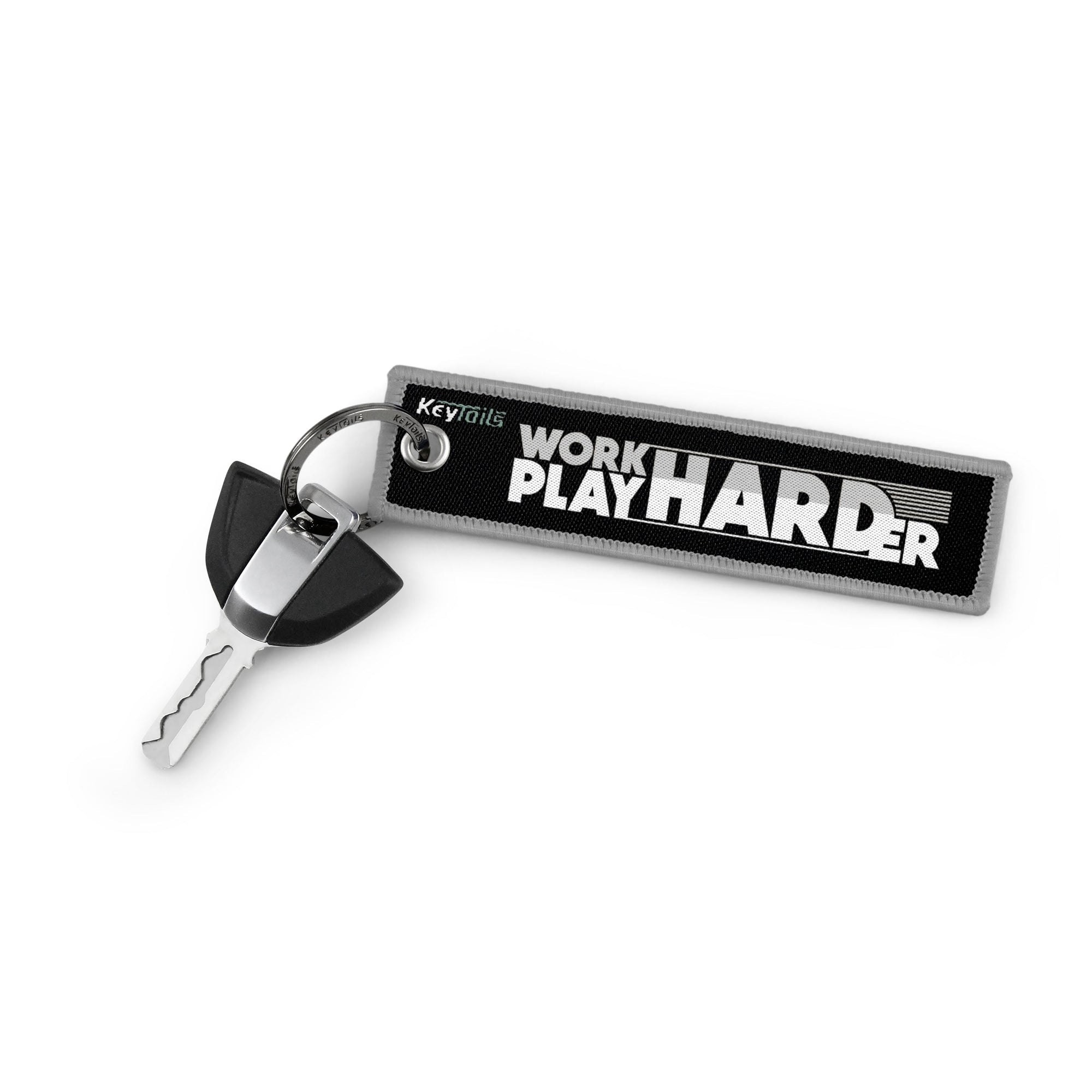 Work Hard Play Harder Keychain, Key Tag - Gray