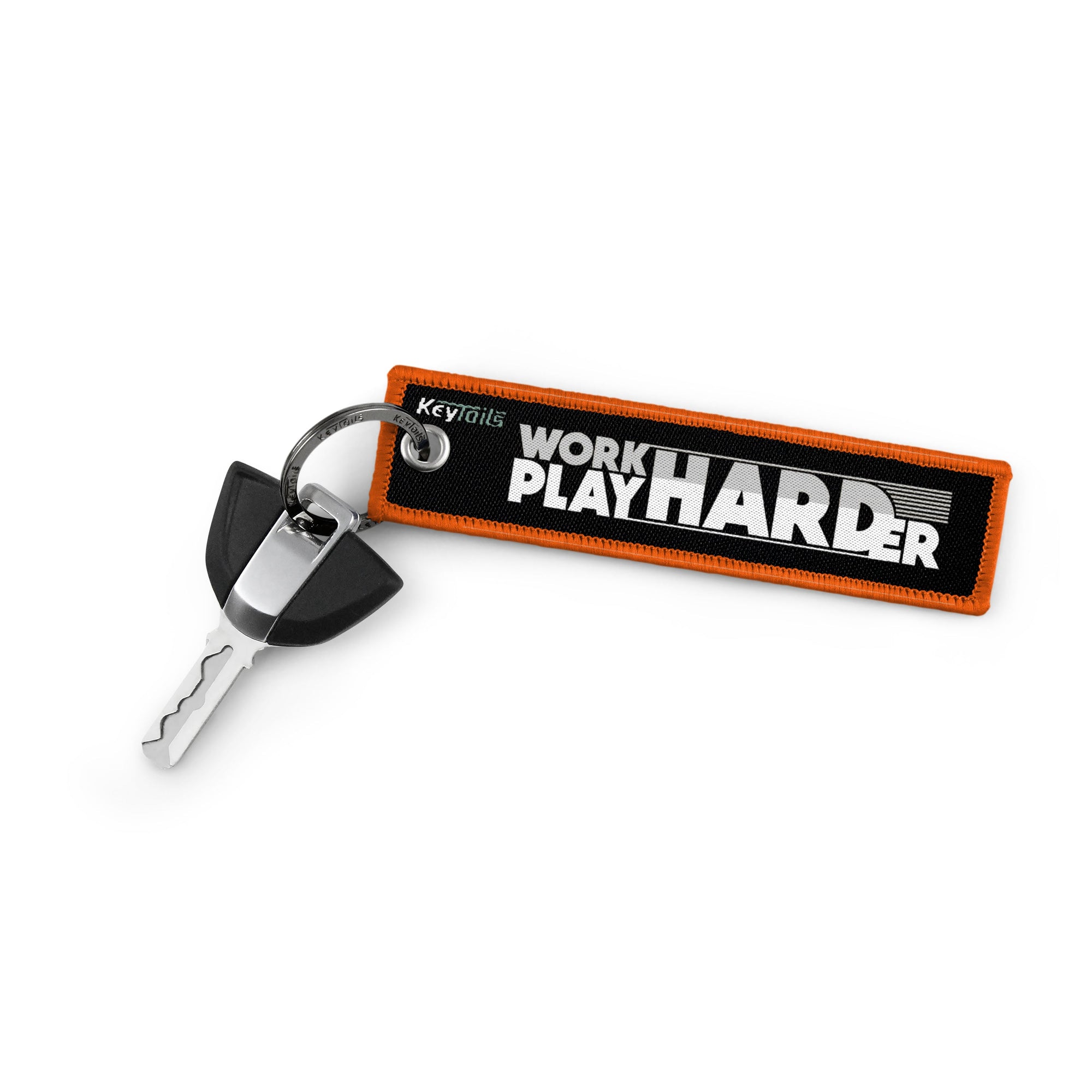 Work Hard Play Harder Keychain, Key Tag - Orange